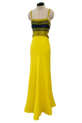 Exceptional 1960s James Galanos Yellow Silk Crepe w Blue & Yellow Beaded Back Cut Out Top