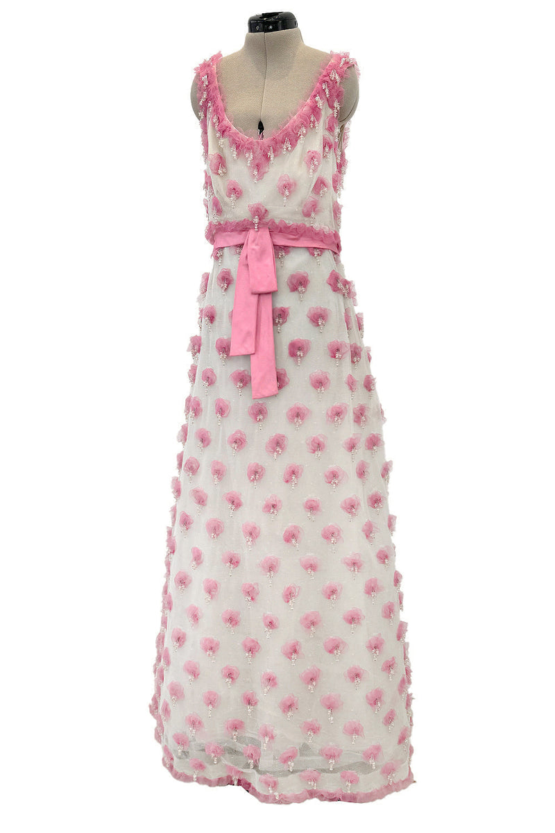 Late 1960s Belleville et Cie Couture Ivory Silk Net Dress w Pink Chiffon & Beaded Details