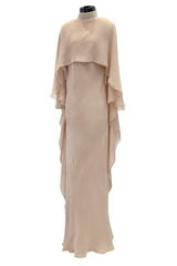 Fall 1975 Halston Runway Pale Neutral Bias Cut Silk Chiffon Dress W Ruffled & Open V Back