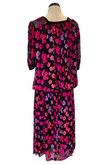 Prettiest 1970s Courreges Bright Pink Floral Velvet on Black Silk Chiffon Dress w Numbred Label