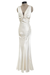 Iconic Spring 2006 Roberto Cavalli Front Plung & Open Back Heavily Detailed w Rhinestone Bias Cut Ivory Silk Dress