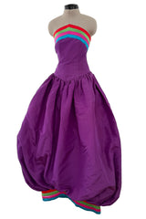 Fall 1982 Valentino by the Original Mr Valentino Purple Silk Strapless BubbleDress w Rainbow Detailing