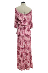 Gorgeous Spring 1976 Yves Saint Laurent Runway Pink Floral Silk Jersey Off Shoulder Dress