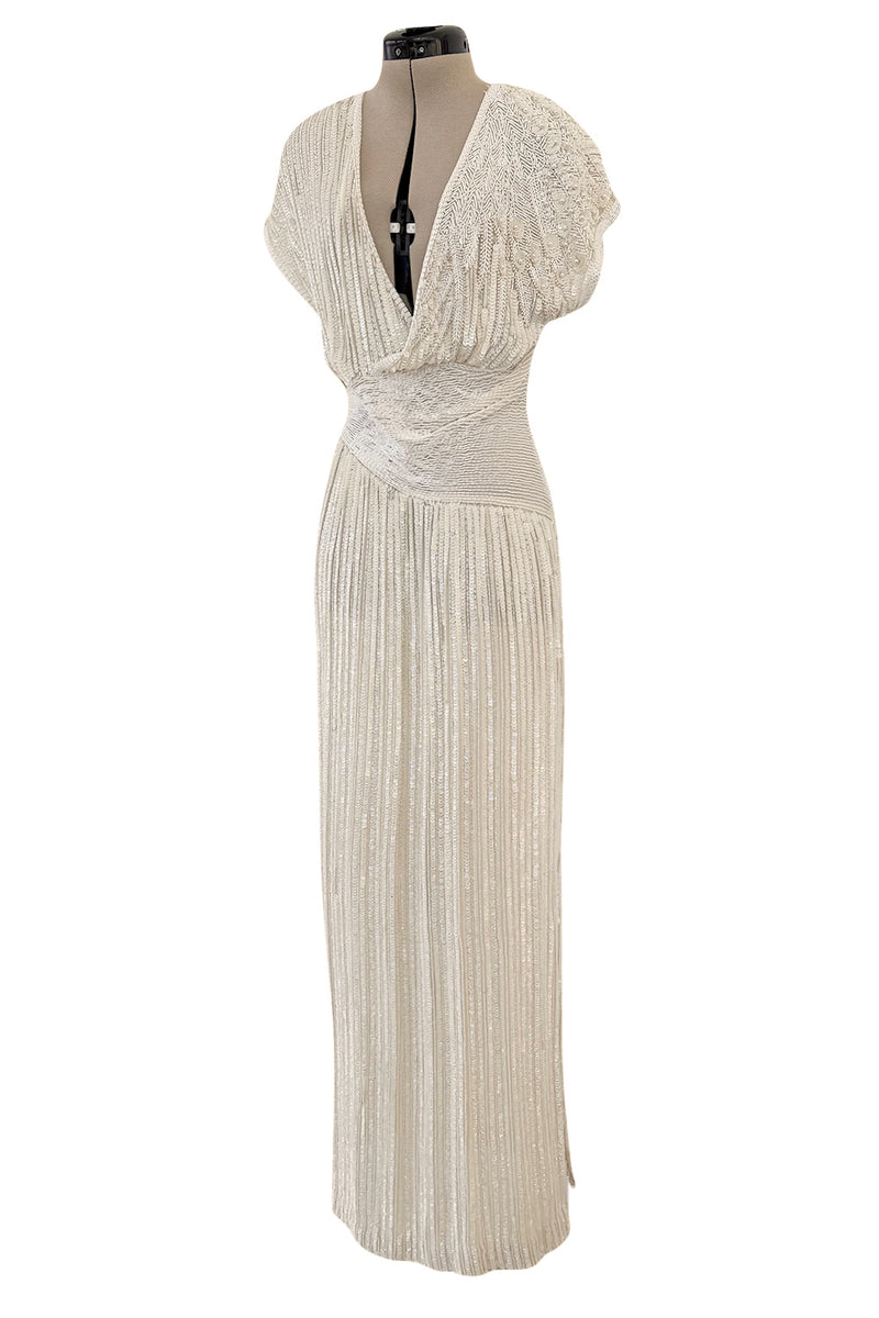Prettiest 1970s Lillie Rubin Ivory Fully Sequinned & Applied Tube Beads on Silk Chiffon Dress