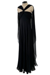 Gorgeous Spring 1989 Bill Blass Runway Black Silk Halter Chiffon w Trailing Shoulder Panels
