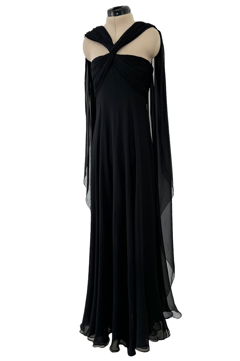 Gorgeous Spring 1989 Bill Blass Runway Black Silk Halter Chiffon w Trailing Shoulder Panels