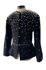 Incredible 1980s Givenchy Black Crepe Jacket w Pearl & Rhinestone Applique