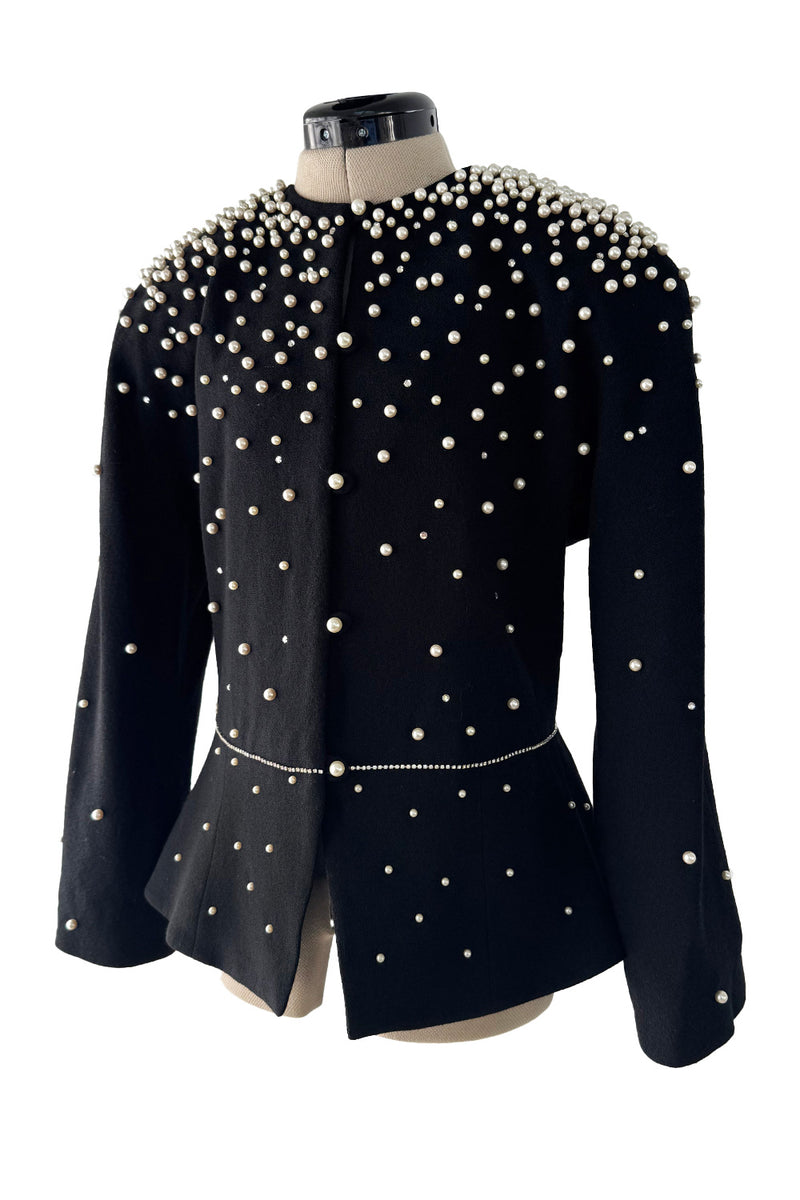 Incredible 1980s Givenchy Black Crepe Jacket w Pearl & Rhinestone Applique