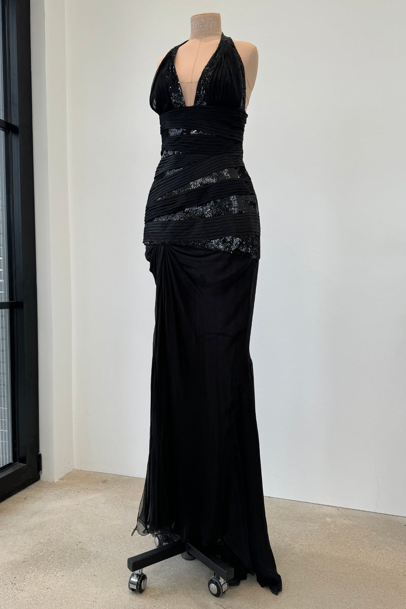 Versace Fall 2006 Black Silk & Sequin Plunge Dress - 14-14.5" W