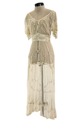 Beautiful 1910 Unlabeled Heirloom Ivory Net Wedding Dress w Elaborate Sequin & Bead Work