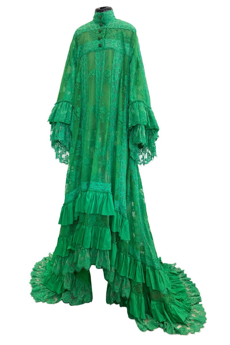 Remarkable Resort 2019 Gucci by Alessandro Michele Runway Look 9 Green Lace & Net Ruffle Dress w Train