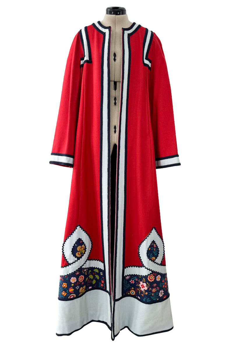 One of Two Identical 1970s Malcolm Starr Red Zipper Front Coats w Applique & Braiding Detail SZ MED