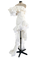 Spring 1988 Emanuel Ungaro Haute Couture Ivory Silk, Silk Net & Dotted Tulle One Shoulder Trained Mini Dress