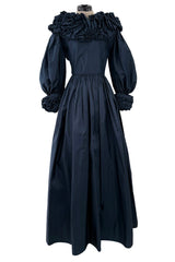 Dramatic 1970s Bill Blass Deep Blue Silk Dress w Open V Back Dress & Spectacular Silk Floral Collar