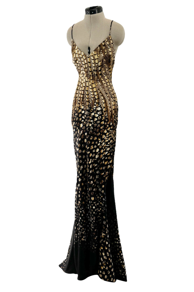 Gorgeous Spring 2005 Roberto Cavalli Black & Gold Feather Print Bias Cut Silk Dress w Open Criss Cross Back