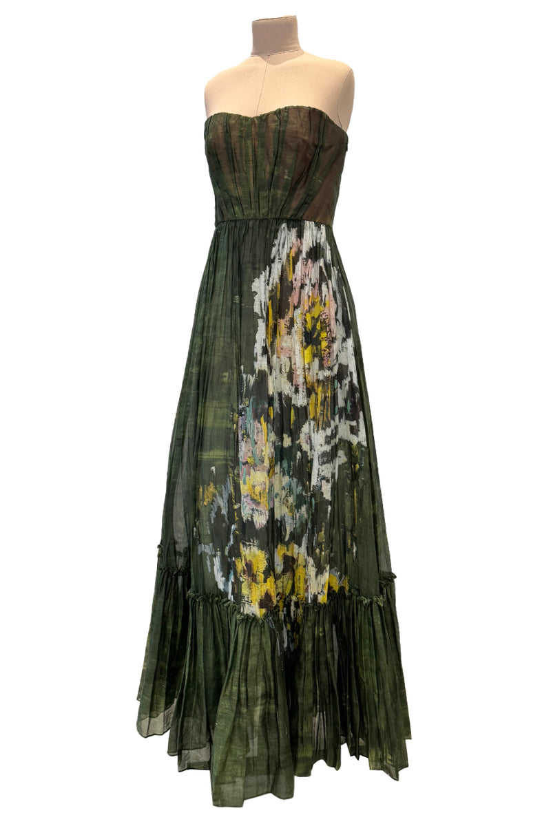 Magical Fall 2019 Valentino Strapless Pleated Green Cotton Dress w Painted Floral Detailing