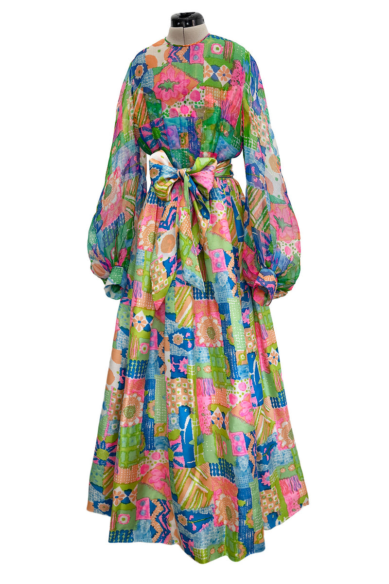Fantastic Spring 1969 Kiki Hart Multi Colour Floral & Pattern Silk & SIlk Organza Dress w Balloon Sleeves