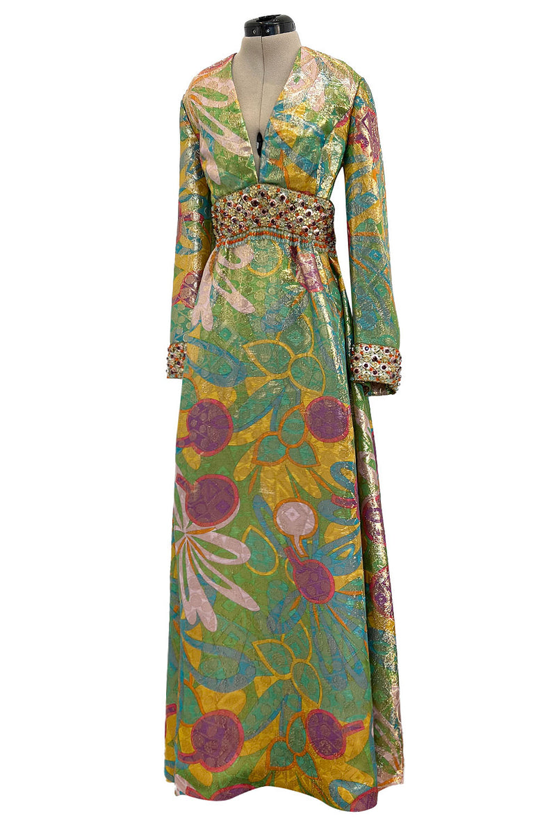 Incredible 1960s Malcolm Starr by Elinor Simmons Green & Gold Metallic Beaded Dress