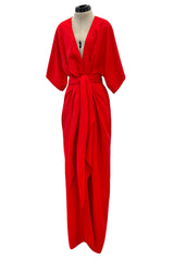Fabulous 1970s Halston Wrap Plunge Red Full Length Dress w Wide Sleeves & Original Sash