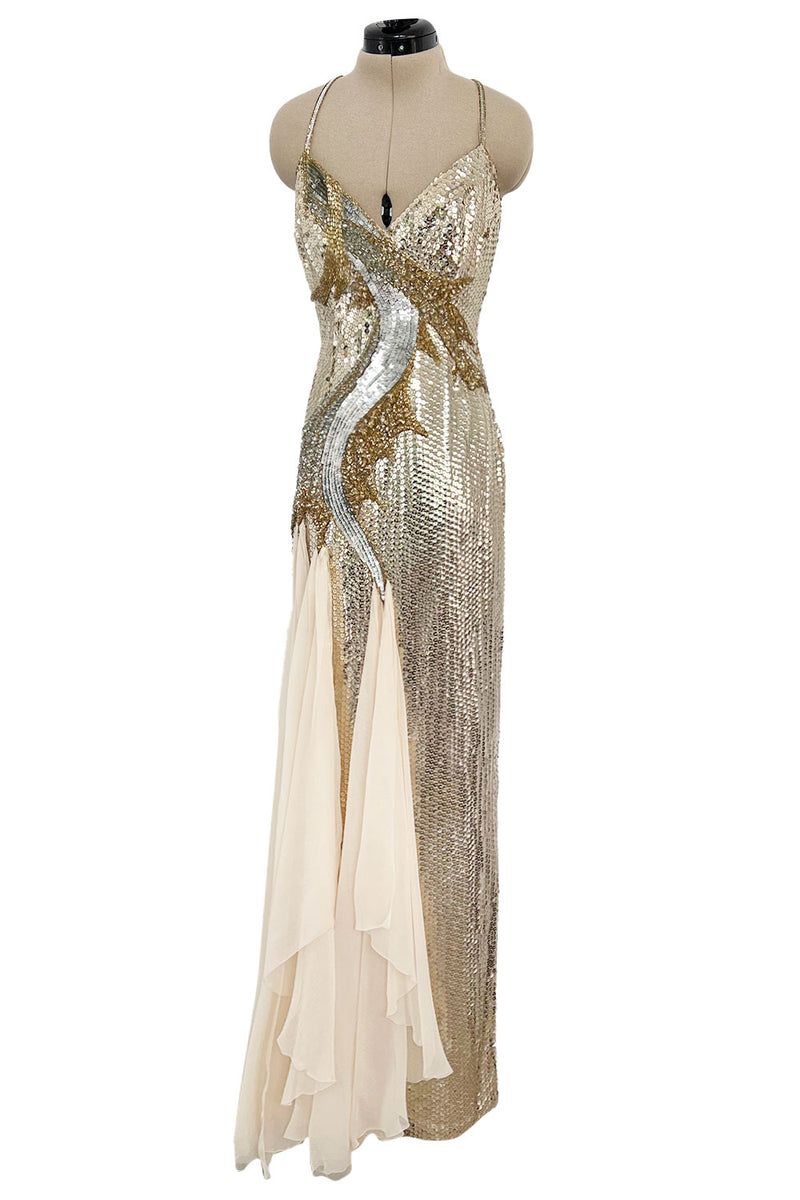 Incredible 1970s Loris Azzaro Densely Covered Gold & Silver Sequin, Bead & Silk Chiffon Dress