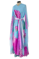 Dreamy c. 1969 Hanae Mori Couture Printed Silk Chiffon Jumpsuit w Floor Length Angel Sleeves