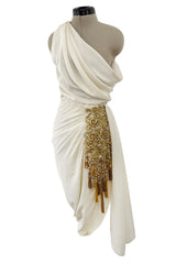 Spring 1990 Hubert de Givenchy Haute Couture Runway Ivory Silk Dress w Gold Metal Detailing