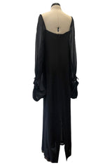 Exquisite 1978 Pierre Cardin Haute Couture Black Silk Chiffon Dress w Huge Balloon Sleeves
