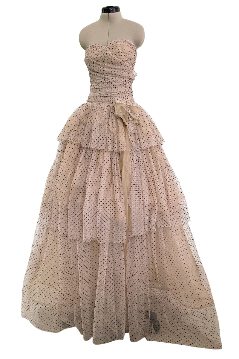 Prettiest Fall 2024 Atelier Prabal Gurung Look 7 Black Dotted Pale Nude Pinkish Net Strapless Dress w Full Skirts