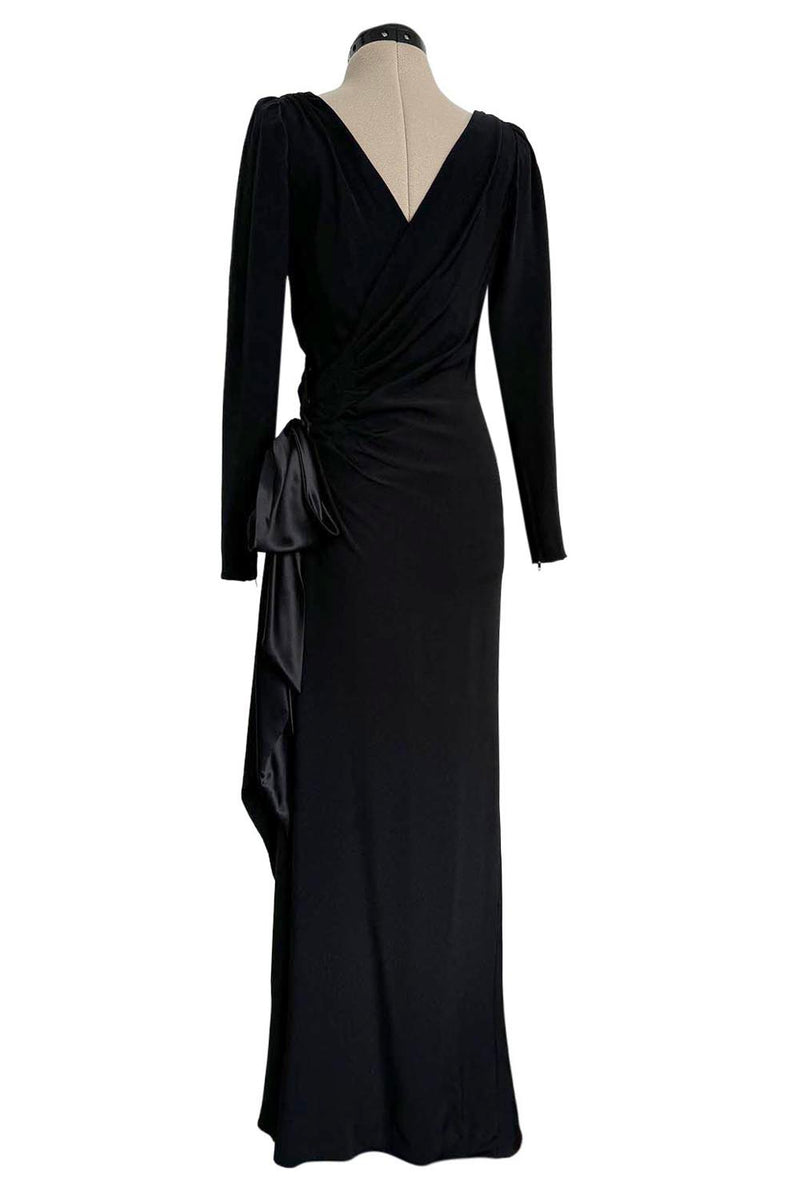 Exceptional Fall 1983 Yves Saint Laurent Haute Couture Runway Black Silk Wrap Dress w Bow Detail