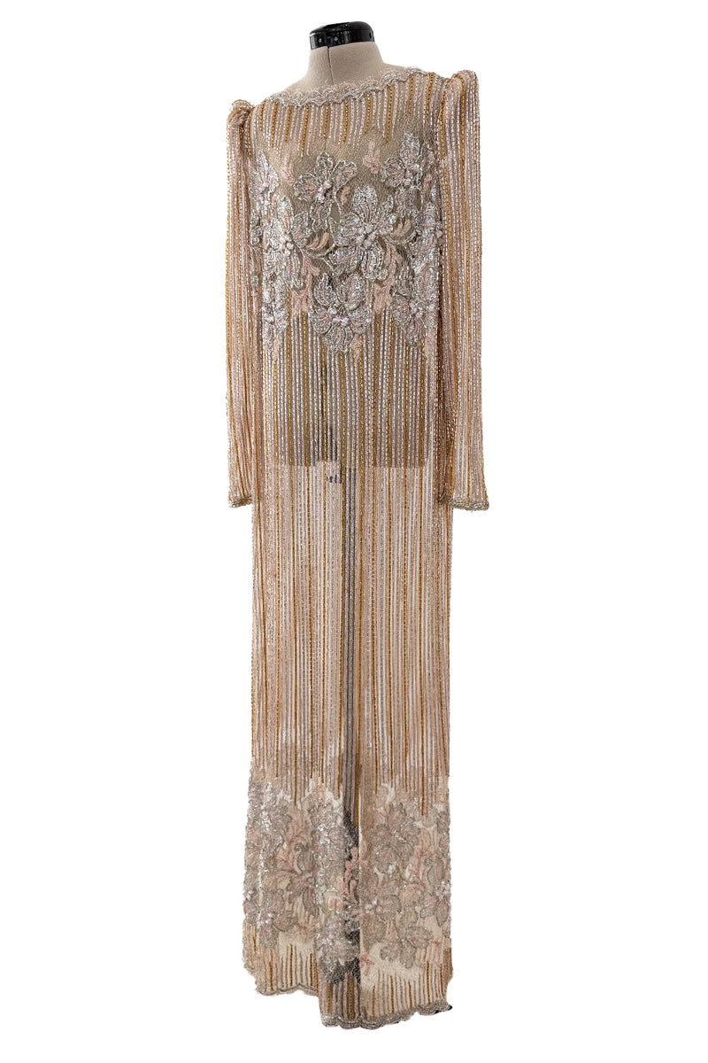Gorgeous 1980s Unlabeled Fernando Pena Metallic Gold Thread & Pink Bead Sequin & Net Dress