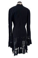 Important & Rare Fall 1993 Azzadine Alaia Black Ribed Knit Laser Cut Out & Fringe Dress