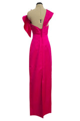 2000s Valentino Roma Brillaint & Vibrant Pink Silk One Shoulder Dress w Draped Front Panels