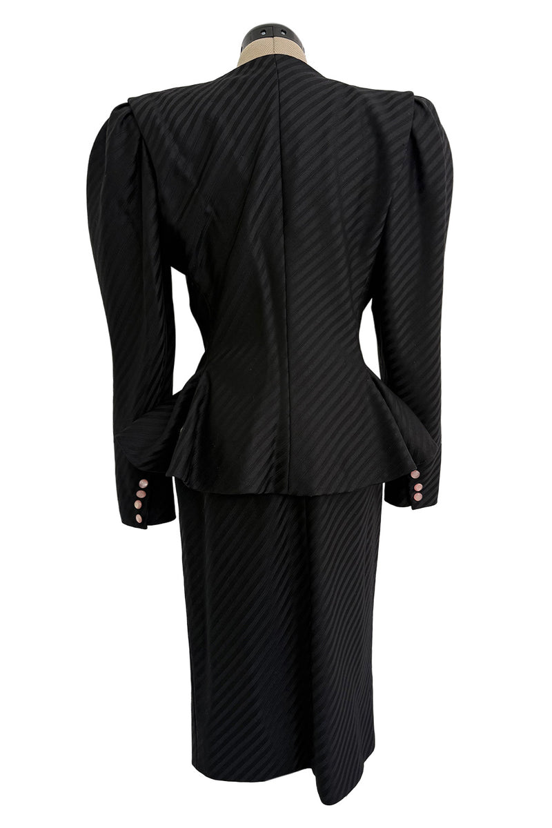 Fantastic Spring 1984 Emanuel Ungaro Haute Couture Black Stripe Jacket & Skirt Suit + Pink Camisole