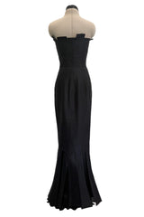 Fantastic c.1983 Thierry Mugler Black Raw Silk Vertical Panel Dress w Car Wash Hem & Silk Chiffon