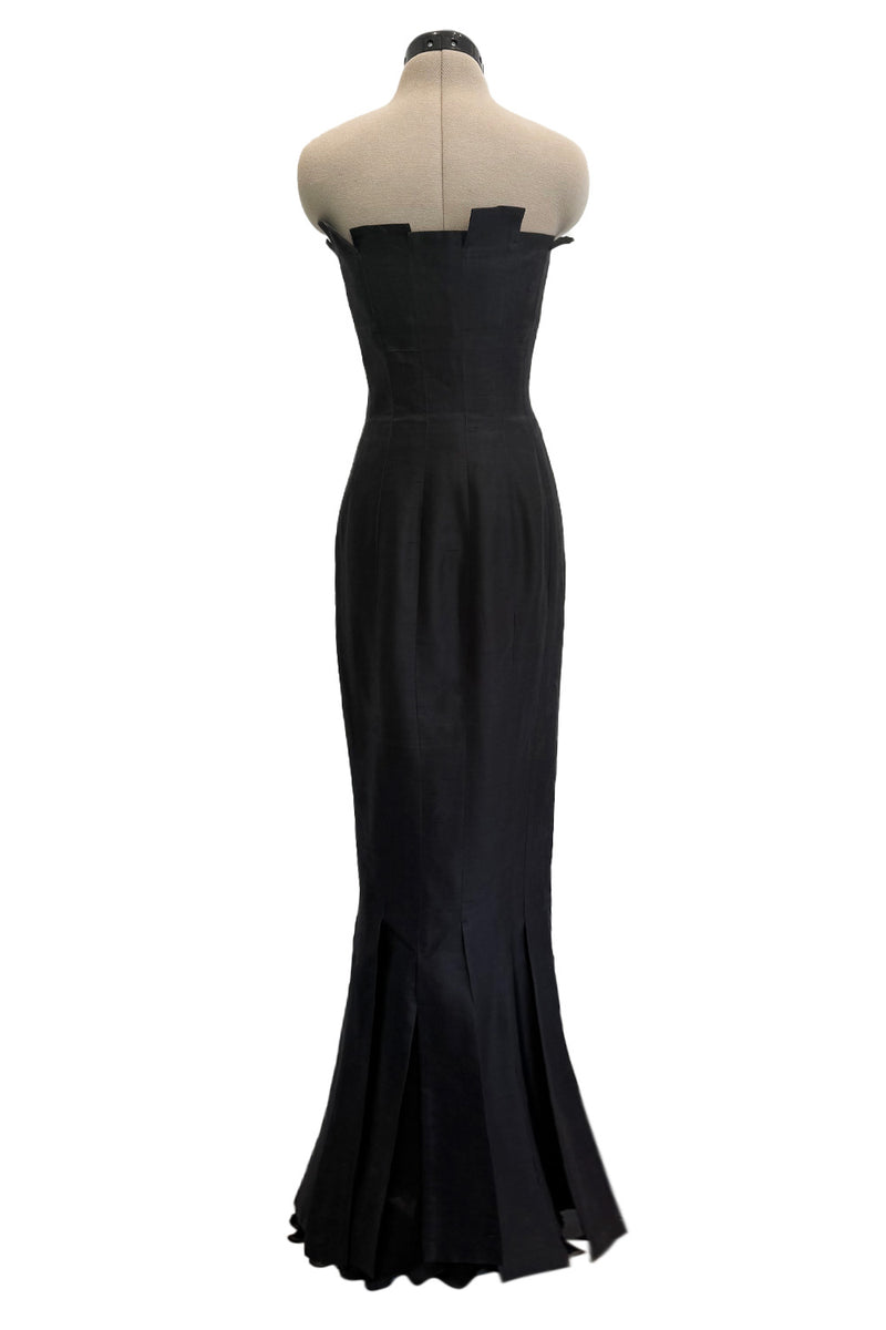 Fantastic c.1983 Thierry Mugler Black Raw Silk Vertical Panel Dress w Car Wash Hem & Silk Chiffon
