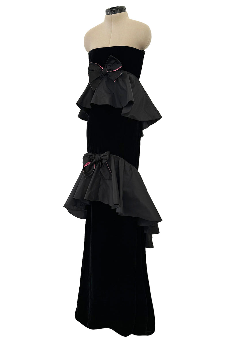 Exceptional Fall 2005 Original Valentino Runway Look 82 Black Velvet Dress w Bows, Silk Tiers & Pink Detailing