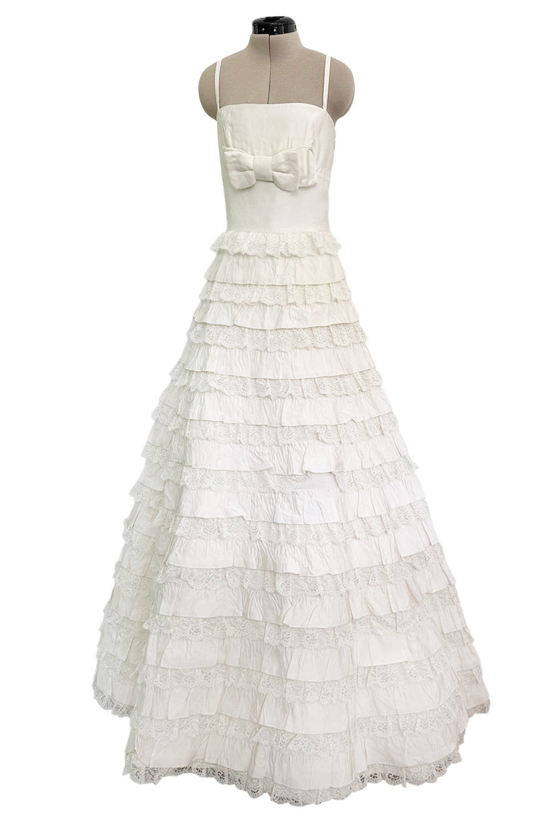 Dreamiest 2010s Valentino Off White Silk Wedding Dress w Tiered Ivory Lace & Ruffle Skirt
