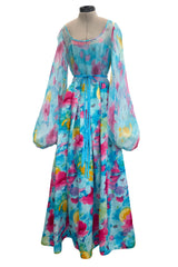 Prettiest 1970s Richilene Pastel Turquoise & Pink Floral Print Silk & Silk Chiffon Dress w Balloon Sleeves