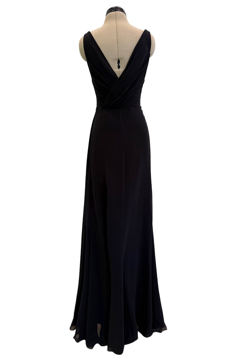 Beautiful 2000s Valentino Roma Black Bias Cut Silk Chiffon Dress w Front & Back Plunge & Silver Sequin Bow