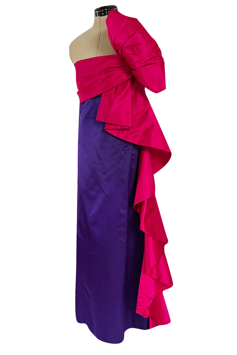Fabulous Spring 1984 Bill Blass Runway Purple One Shoulder Silk Dress w Pink Bow & Ruffle