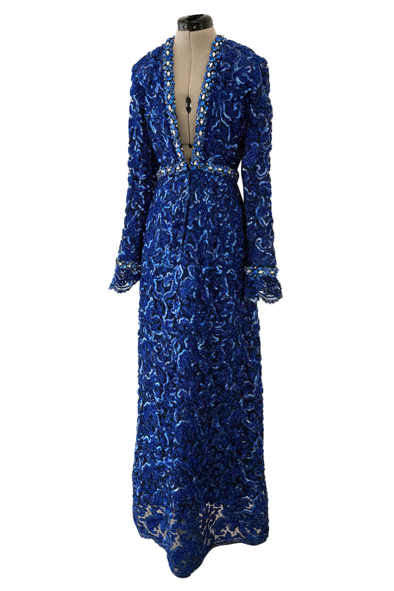 Documented 1970 Oscar de la Renta Brilliant Blue Sequin & Rhinestone Plunge Dress