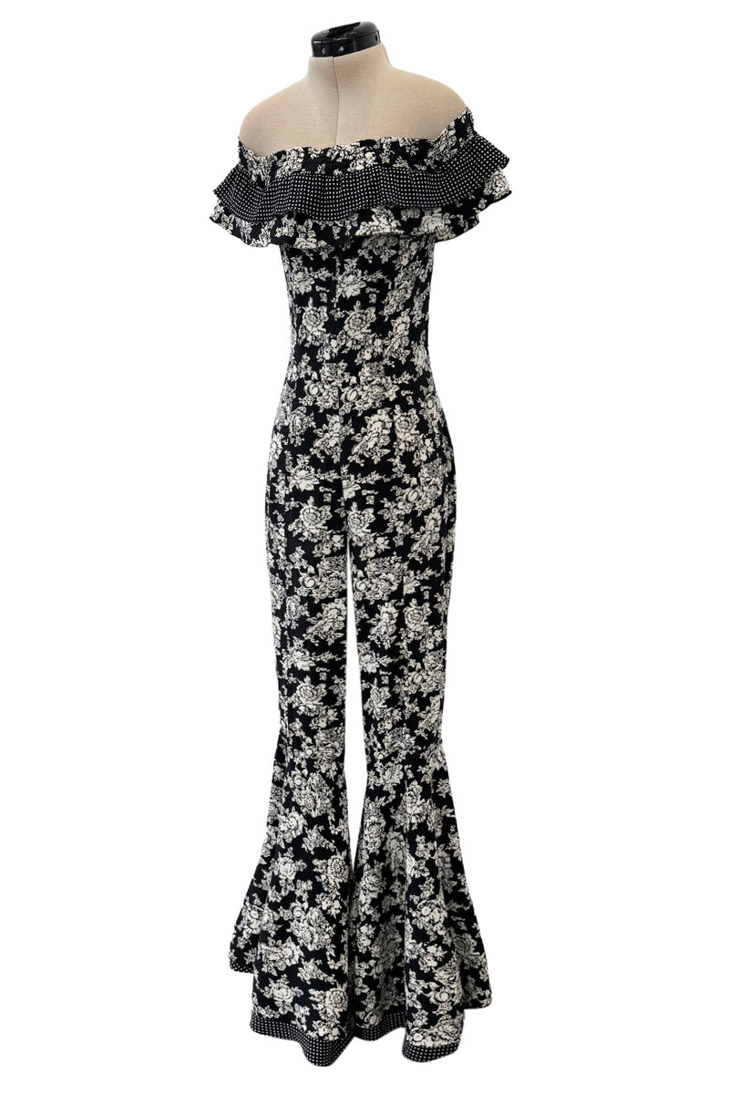 Ultra Rare Spring 1993 Versace by Gianni  Versace Silk Black & White Printed Off Shoulder Bell Bottom Jumpsuit