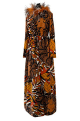 Early 1970s Bill Blass Couture Hand Beaded Lion Print Dress w Elaborate Feather Collar