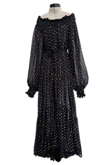 Spring 1978 Yves Saint Laurent Runway & Ad Campaign Off Shoulder Silk Chiffon Dot Dress