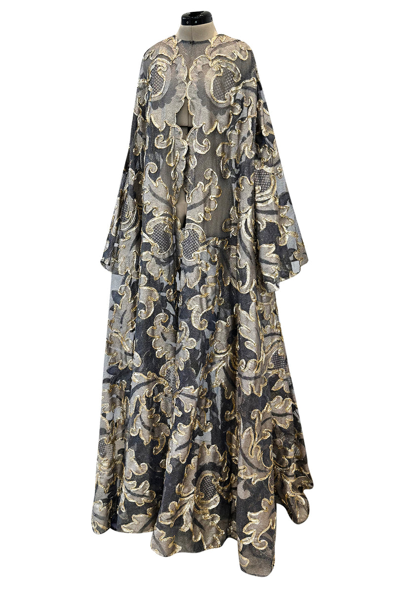 Phenomenal Fall 1993 Paco Rabanne Haute Couture Runway Sample Look 51 Metallic Gold & Silk Net Evening Caftan Coat