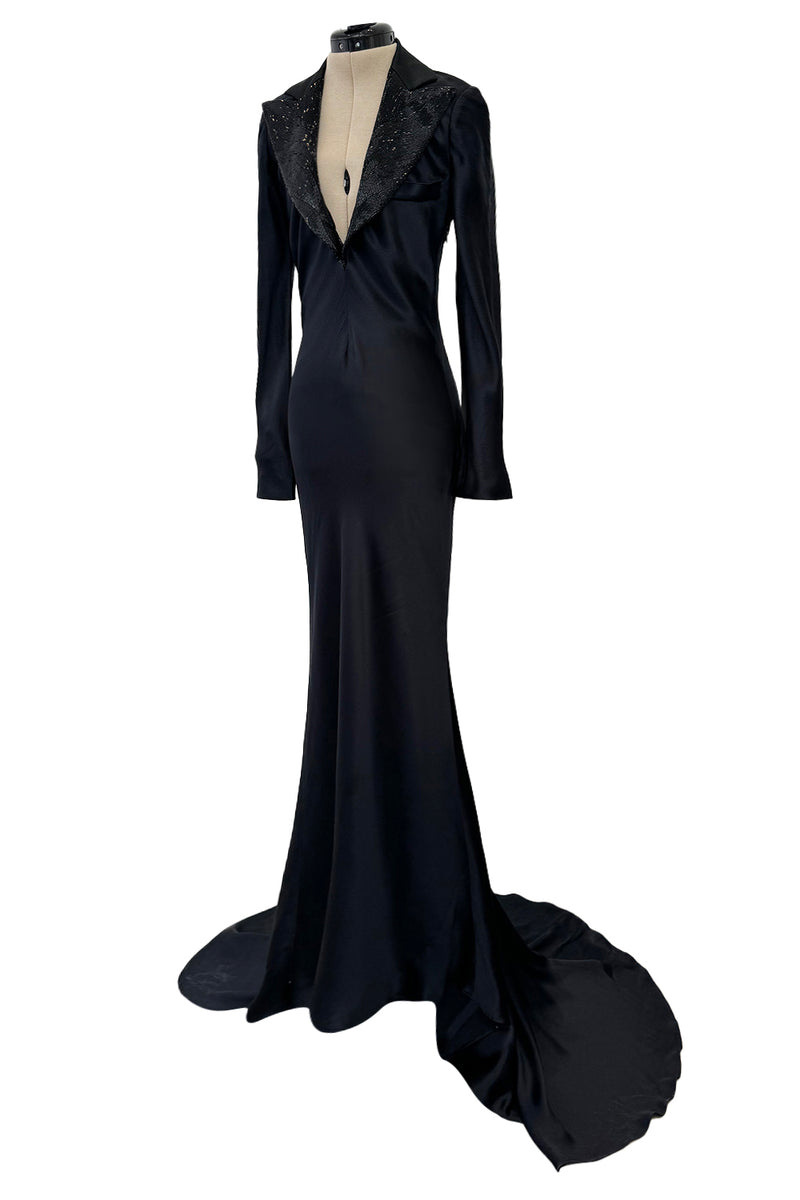 Fall 2007 Alexander McQueen Black Bias Cut Hammered Silk Dress w Beaded Collar Fall 2007 Alexander McQueen Black Bias Cut Hammered Silk Dress w Beaded Collar