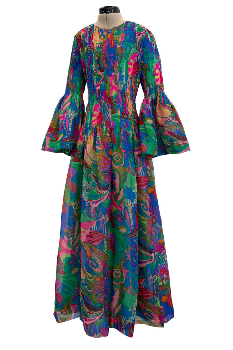 Important 1971 Pierre Cardin Couture Silk Organza Bell Sleeve Dress w Flat Pleated Bodice & Sleeves
