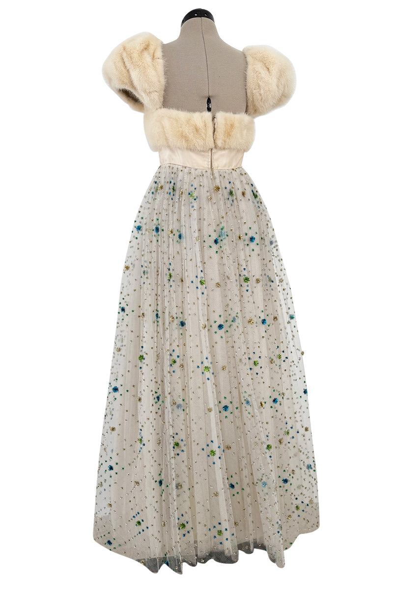 Incredible 1968 Sarmi Ivory Silk Net Dress w Mink Bodice & Metallic Tinsel Dot Detailing