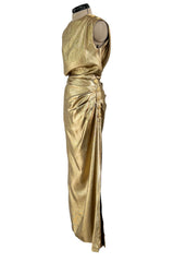 Iconic Fall 1991 Yves Saint Laurent Runway Slinky Gold Lame Dress w Gold Button Details