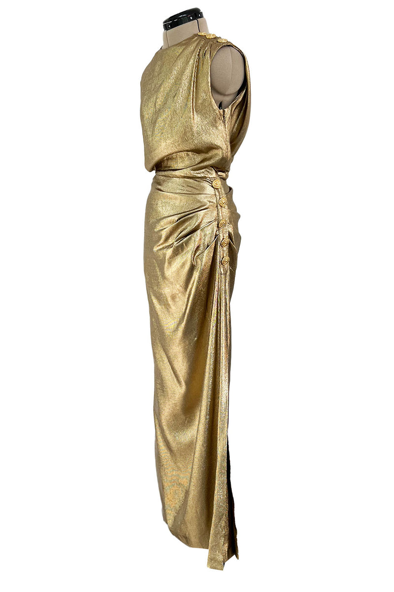 Iconic Fall 1991 Yves Saint Laurent Runway Slinky Gold Lame Dress w Gold Button Details